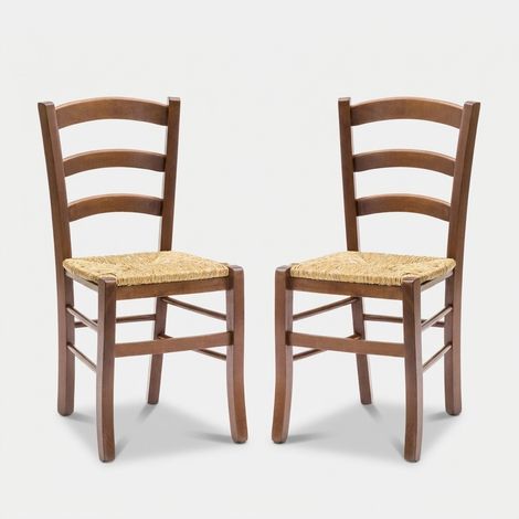 Lot de 2 chaises en bois massif avec assise en paille Mara (1/4)