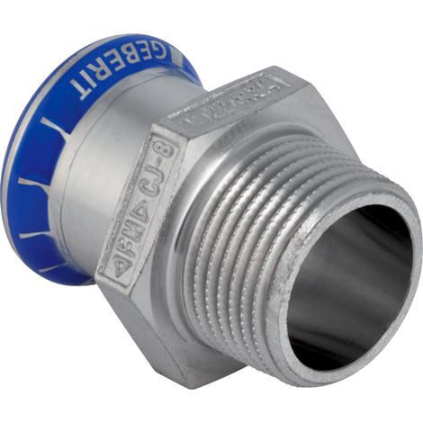 Pièce de transition Mapress en acier inoxydable, sans silicone, avec filetage mâle d15 mm x R 3/4", filetage extérieur