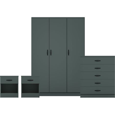 Riano 4 Piece Bedroom Set (1 Drawer Bedside Chest, 5 Drawer Chest, 3 Door Wardrobe), Green (1/3)