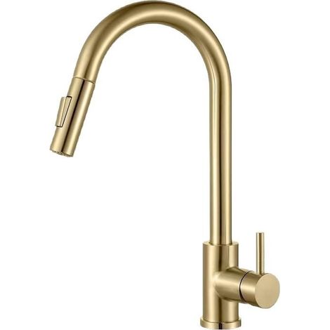 Cross-border 304 Stainless Steel Pull-out Kitchen Faucet, Brushed Gold, Hot and Cold Water Faucet, Lead-free Sink and Dishwasher Faucet - Brushed Gold [Straight Pull-out Head]