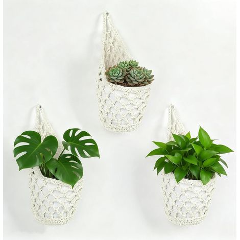 Lot de 3 paniers suspendus en macramé - Style bohème - En corde de coton - Blanc (1/5)