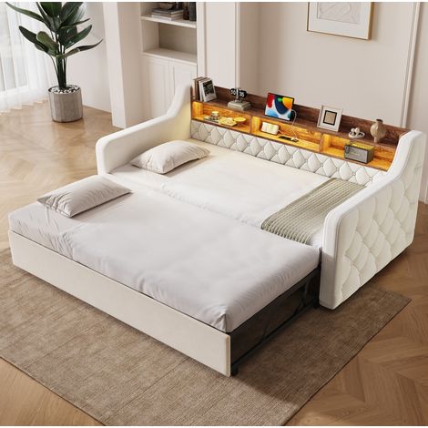Sofá cama convertible 90x190 cm con almacenamiento, LED, USB y Type-C, terciopelo beige OKMYHOME (1/5)