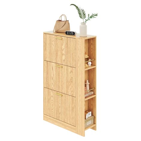 Armoire à chaussures moderne minimaliste en bois, 3 portes + étagères ouvertes, grand volume de rangement, design élégant et fonctionnel – idéale pour l’entrée ou le vestibule