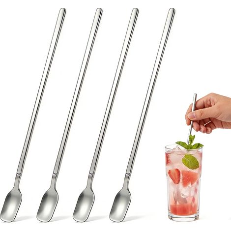 Lot de 4 cuillères à café à manche long de 29 cm en acier inoxydable avec finition miroir, cuillères à mélanger pour dessert, bar, lave-vaisselle (1/5)