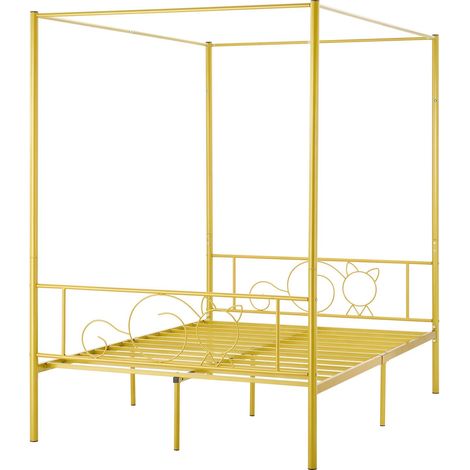 Grand lit à baldaquin taille standard en métal avec tête de lit épurée et quatre colonnes, sommier à lattes en acier robuste, espace de rangement sous le lit, sans sommier à ressorts, montage facile,  (1/5)