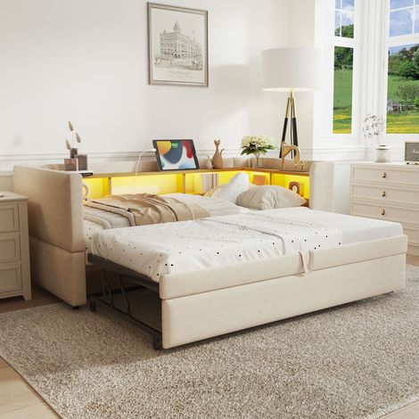 MEUBLIV Lit gigogne canapé lit rembourré 90/180 x 190 cm extensible avec rangements, éclairage LED, tissu flanelle beige (1/5)