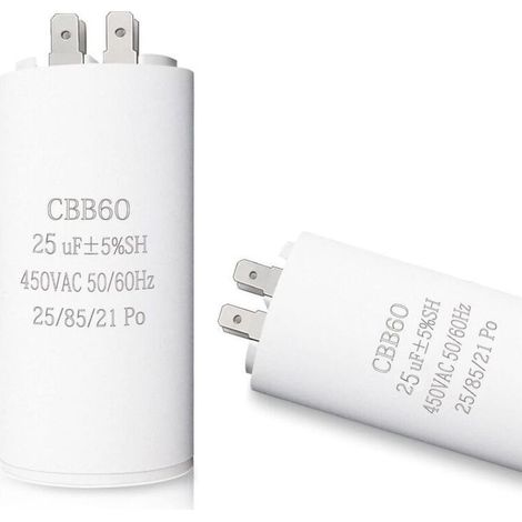 Condensateur Moteur CBB60 25µF 450VAC 45x95mm - Capacité Démarrage 25µF, Tension 450V, Dimensions 45x95mm, avec Vis M8 pour Machine à Laver/Sèche-linge (1/4)