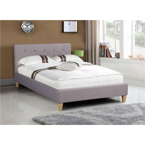 Idimex – Lit simple gris 120x190 cm – Tête de lit capitonnée – Structure en tissu polyester – Pieds en bois chêne – Sommier à lattes inclus