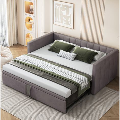 Canapé-lit rembourré en velours gris 90x200/180x200 cm avec sommier à lattes et lit gigogne escamotable (1/5)