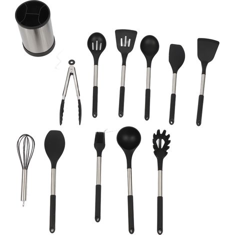 Ede Lot de 12 ustensiles de cuisine en silicone avec poignée, résistants à la chaleur, antiadhésifs, spatule, cuillère, passe au lave-vaisselle, meilleurs outils de cuisine (noir) (1/5)