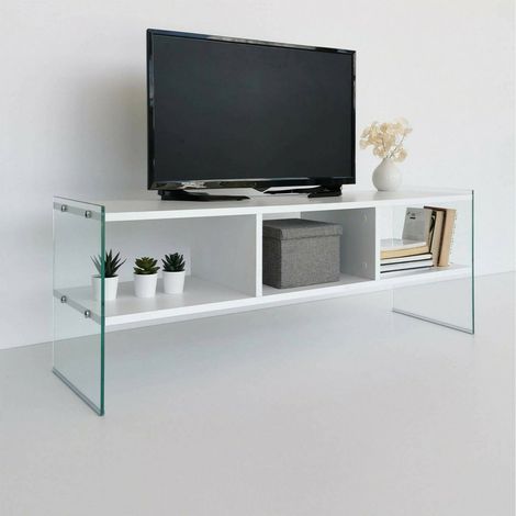 Dmora - Mueble de televisión Algorab, Aparador de salón, Mueble bajo para TV, Base de pared equipada, 120x35h45 cm, Blanco, con embalaje reforzado (1/5)