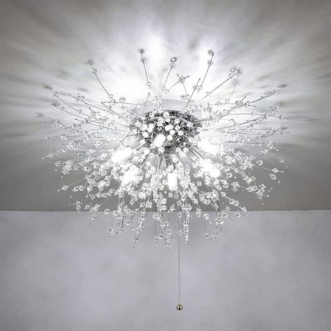 GROOFOO Plafonnier moderne en cristal,feu d'artifice en cristal avec cordon de tirage,6-Lights Lustre en cristal moderne avec cordon de tirage pour salon chambre salle à manger cuisine couloir,G9