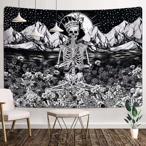 Tapisserie Murale Motif tête de Mort-Tenture Squelette de Lune Murale Noir et Blanc avec Couronne de Rose-Tapisserie murales pour Décoration d'halloween de Chambre Salon (1/5)