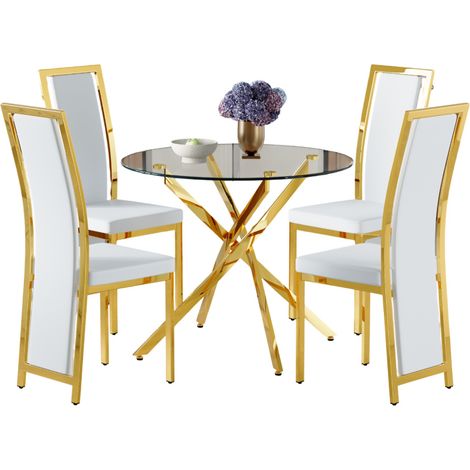Ensemble table et chaises de salle à manger ronde 88 cm en verre trempé, 4 chaises en cuir régénéré blanc et métal doré - CHICFURN (1/5)