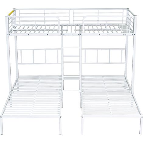 Litera triple 90x200 cm de metal blanco con escalera, barandilla y repisa (1/5)