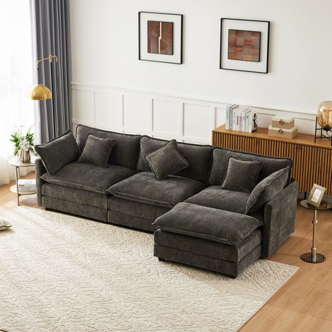Canapé d'angle réversible 283x147x84cm, coussins doubles, canapé en L avec pouf amovible, canapé 3 places gris, tissu chenille (1/5)