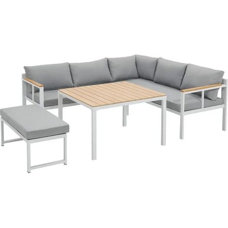 Salon de jardin d'angle 6 personnes – Aluminium – Canapé spacieux L194x186cm – Table haute 93x93cm – Banc pratique 90x41cm – Gris (1/3)
