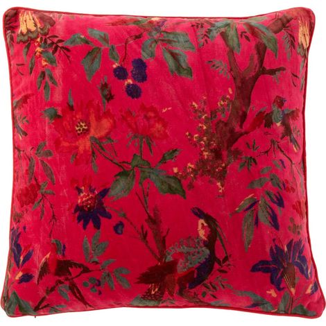 Coussin Déco en Velours "Oiseaux Fleurs" 45x45cm Rose (1/3)