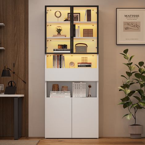 Vitrina 70x30x200 cm blanca en tablero de partículas y vidrio con LED, puertas de aluminio y almacenamiento múltiple