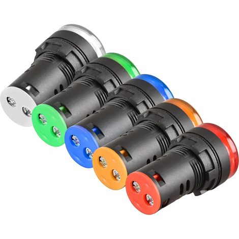 Lot de 5 voyants LED lumineux indicateur AD16-22D/S - 22 mm 220 VAC 20 mA -Rouge/vert/jaune/bleu/blanc