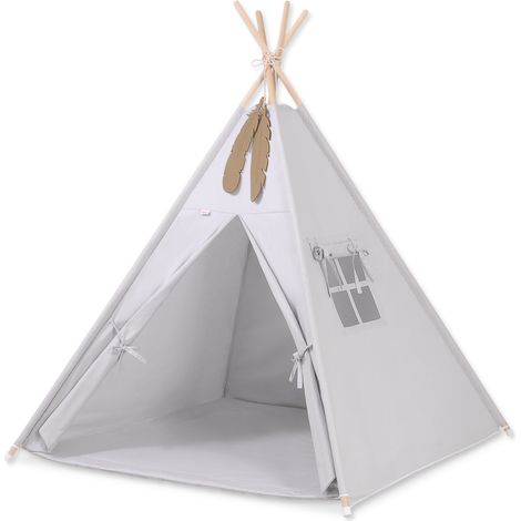 Tienda tipi para niños + colchoneta + colgantes de plumas - gris (1/5)