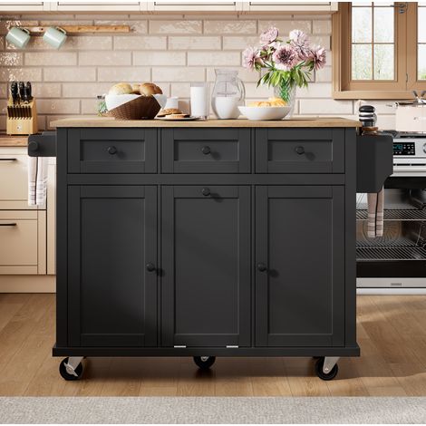 Kücheninsel 112x46.2x92.7 cm schwarz/natur MDF mit ausziehbarer Arbeitsplatte und Rollen (1/5)