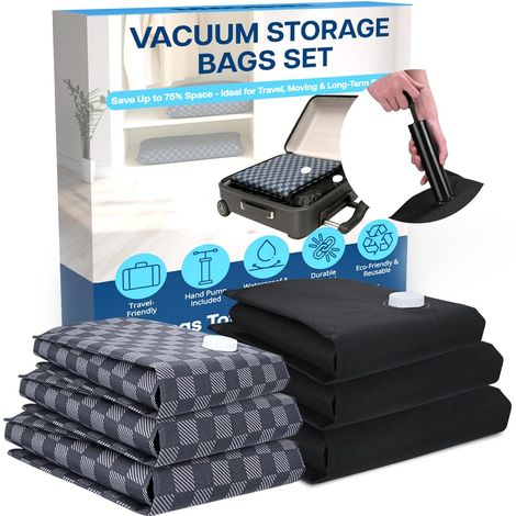 Sac sous Vide pour Vêtement & Voyage par – Housses de Rangement Sous Vide Robustes – Sacs de Compression s de Déménagement etc. - 6 Pièces (S/M/L) – Incl. Pompe Main - Noir/Gris (1/5)