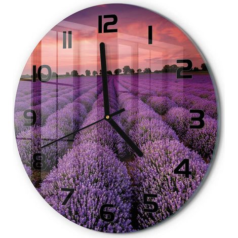 Horloge Murale Ronde Déco Cuisine Verre Trempé Silencieuse Design Moderne Champ de lavande fi 30 cm (1/5)