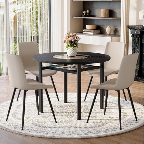Esszimmergarnitur aus MDF, Metall und PU in Schwarz/Warmgrau, Rundtisch Ø100 cm mit Glasintarsie und 4 Stühlen (1/5)