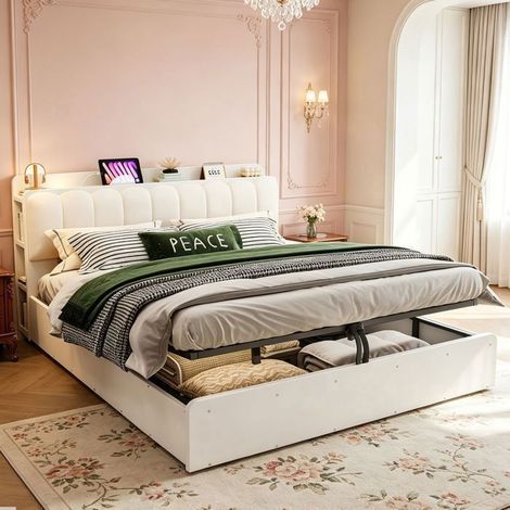 Lit Coffre 180x200 cm avec ports USB et LED - Lit Rembourré - Tête de lit avec rangements, tissu velours, sommier inclus, bois blanc (1/5)