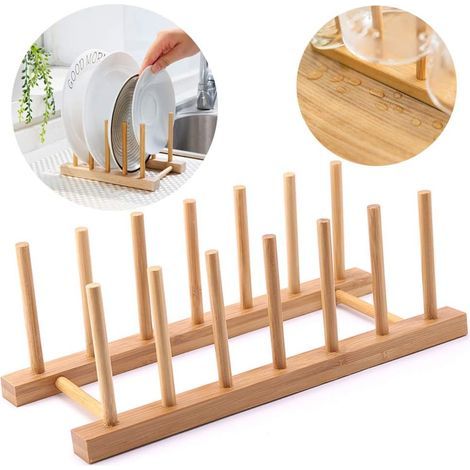 Rack Plateau Rangement Porte Vaisselle Cuisine Plaque Bambou Egouttoir Verticale Support Bambou Assiettes pour Assiettes, Bols, Tasses, Couvercles Casseroles, Planches Découper,Livres—6 Grilles (1/5)