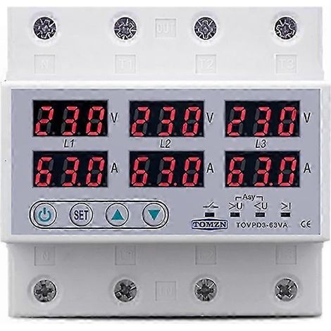Dreiphasiges 3P+N-Spannungsrelais mit Voltmeter und Amperemeter, Über- und Unterspannungsschutz, Überwachung von industriellen Stromnetzen. (1/5)