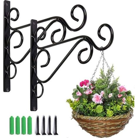 Lot de 2 crochets muraux en fer pour suspension de plantes, supports de panier suspendu, support en fer forgé pour lanterne(noir) (1/5)