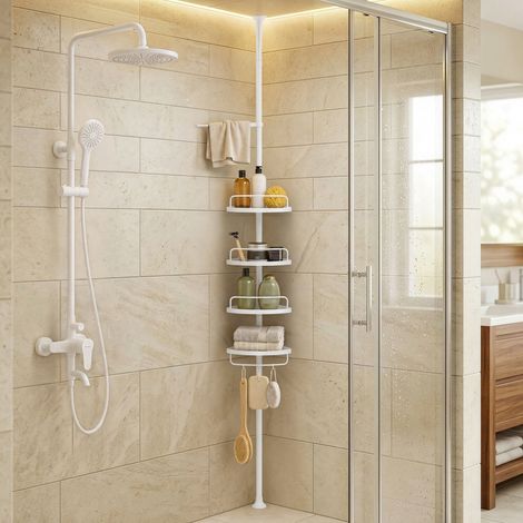 Étagère de Douche Réglable, avec Barre Porte-serviettes, 4 Niveaux, Hauteur 85-305 cm, Rangement de Salle de Bain, Blanc (1/4)