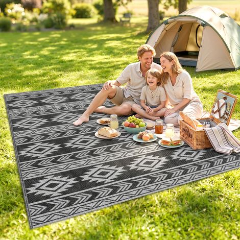 Tapis d'extérieur réversible 182 x 274 cm, imperméable et anti-UV, idéal pour les voyages en camping-car, noir et gris. (1/5)