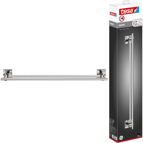 TESA EKKRO PORTE SERVIETTE DOUBLE, ACIER INOXYDABLE LOOK, ADHÉSIF, TECHNOLOGIE SANS PERCER, 112 MM X 640 MM X 50 MM