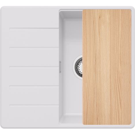 PRIMAGRAN Evier Cuisine en Granit 55x50cm, Lavabo 1 bac + Kit de Vidage + Planche à Découper, Évier à Encastrer au meuble 40cm - Copenhague, Blanc (1/5)
