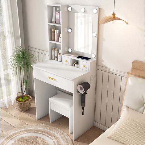 Schminktisch 60x38x131.5 cm Weiß MDF mit LED-Spiegel, Steckdose, Haartrockner-Halterung und Hocker (1/5)