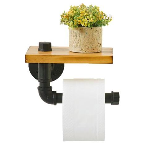 Porte Papier Toilette Industriel Avec Étagère en Bois Et Tuyau en Fonte -Support Mural Rustique Pour Papier Hygiénique en Tuyau de Fer -Porte Rouleau de Papier Rétro Vintage Pour Salle de Bain