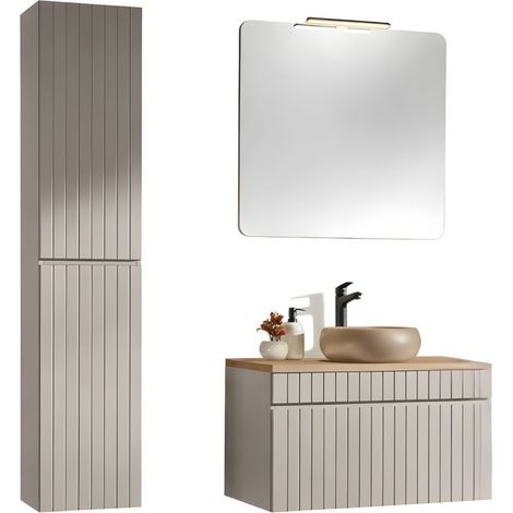 Set ICON: mobile sotto lavabo 80cm + piano per lavabo + lavabo rotondo da appoggio + specchio + lampada LED + colonna
