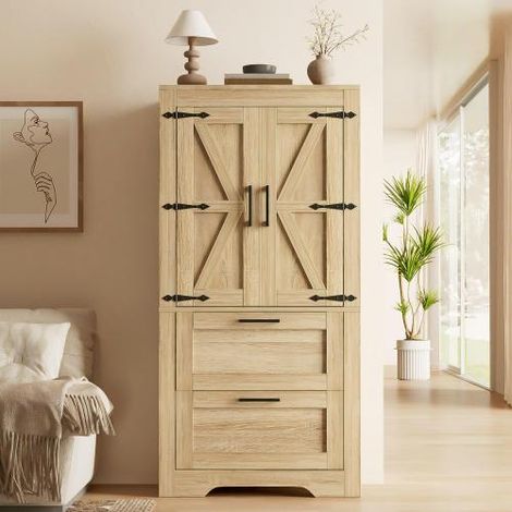 Mobile da cucina in stile rustico con 2 cassetti e ripiani regolabili, mobile laterale con ante scorrevoli a scomparsa, adatto come mobile contenitore per cucina, sala da pranzo e soggiorno, colore le (1/5)