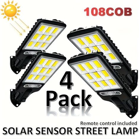 Lampe solaire extérieure avec télécommande, 108 LED COB, IP65, détecteur de mouvement et 3 modes d'éclairage, idéale pour jardin, rue, terrasse, cour, garage et patio, blanche, lot de 4 (1/5)