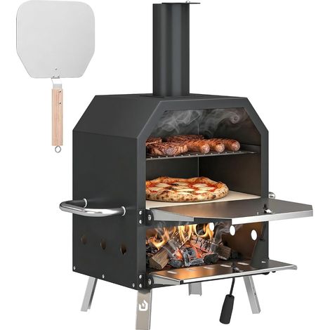 Four à Pizza Extérieur à Bois et Charbon - Combiné Barbecue Fumoir 2 Étages avec Pierre de 30 cm et Pelle - Portable avec Pieds Pliables pour Camping Jardin Terrasse, Noir (1/5)