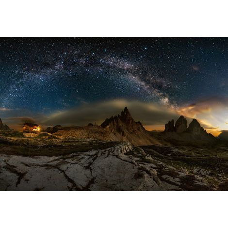 Papier peint panoramique paysage ciel étoilé | Tapisserie panoramique salon bleu & gris montagne | Papier peint panoramique chambre avec dolomites - 384 X 260 cm (8 pièces) (1/2)