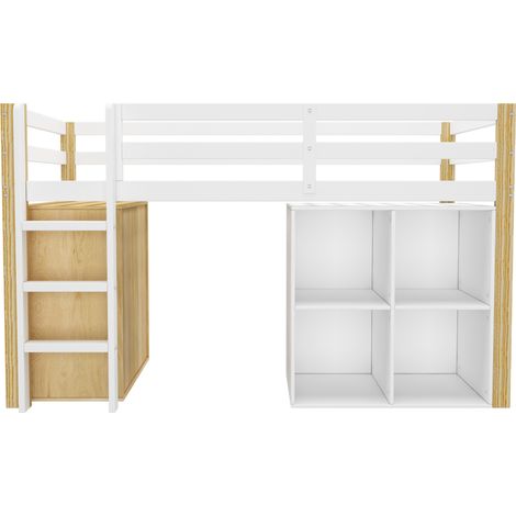 Cama alta infantil 90 x 200 cm con 2 almacenajes y escalera, madera y MDF, natural y blanco (1/5)