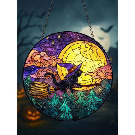 Attrape-soleil chat sorcière en vitrail, 20cm, suspension fenêtre Halloween (1/5)
