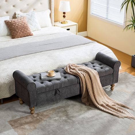 Banc moderne avec 2 couvercles et espace de rangement, repose-pieds en velours avec accoudoirs roulés, utilisable comme lit de jour, pieds en bois d'hévéa, pour salon, entrée, chambre, couleur : anthr (1/4)