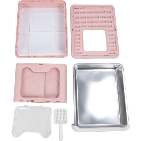 Bac à litière fermé pour chat en acier inoxydable, grand tiroir, anti-odeur, anti-éclaboussures, toilettes pliables avec cuillère rose pêche (1/5)