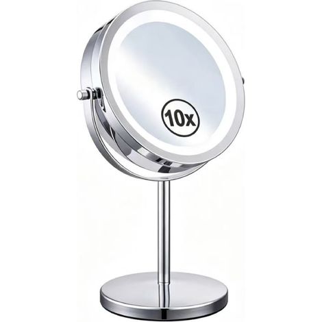 Espejo de aumento iluminado de doble cara con 10 aumentos – Rotación de 360° – Cristal óptico de alta calidad – Para maquillaje y cuidado facial (1/5)
