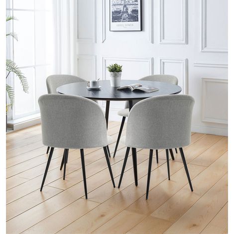 Hallowood Furniture Cullompton Large Round Dining Table and Chairs Set 4, Black Wooden Effect Top Round Table (120cm) and Curved-Back Light Grey Fabric Chairs, Dining Set for Kitchen (1/5)